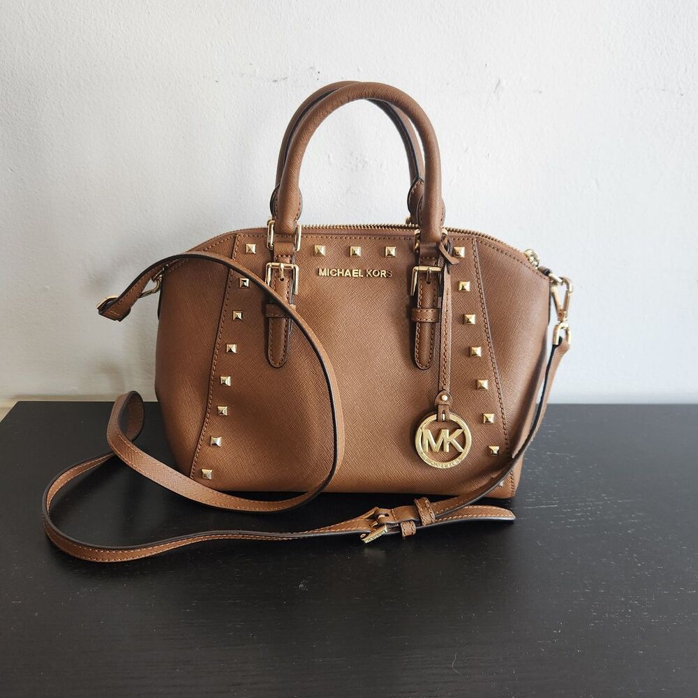 Michael Kors Ciara Studded Satchel-shoulder & hand straps cognac leather